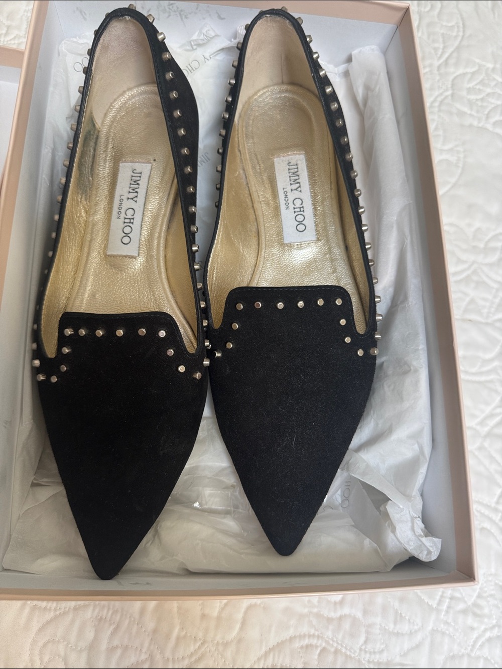 Jimmy Choo Black Pointed Suede Studded Flats